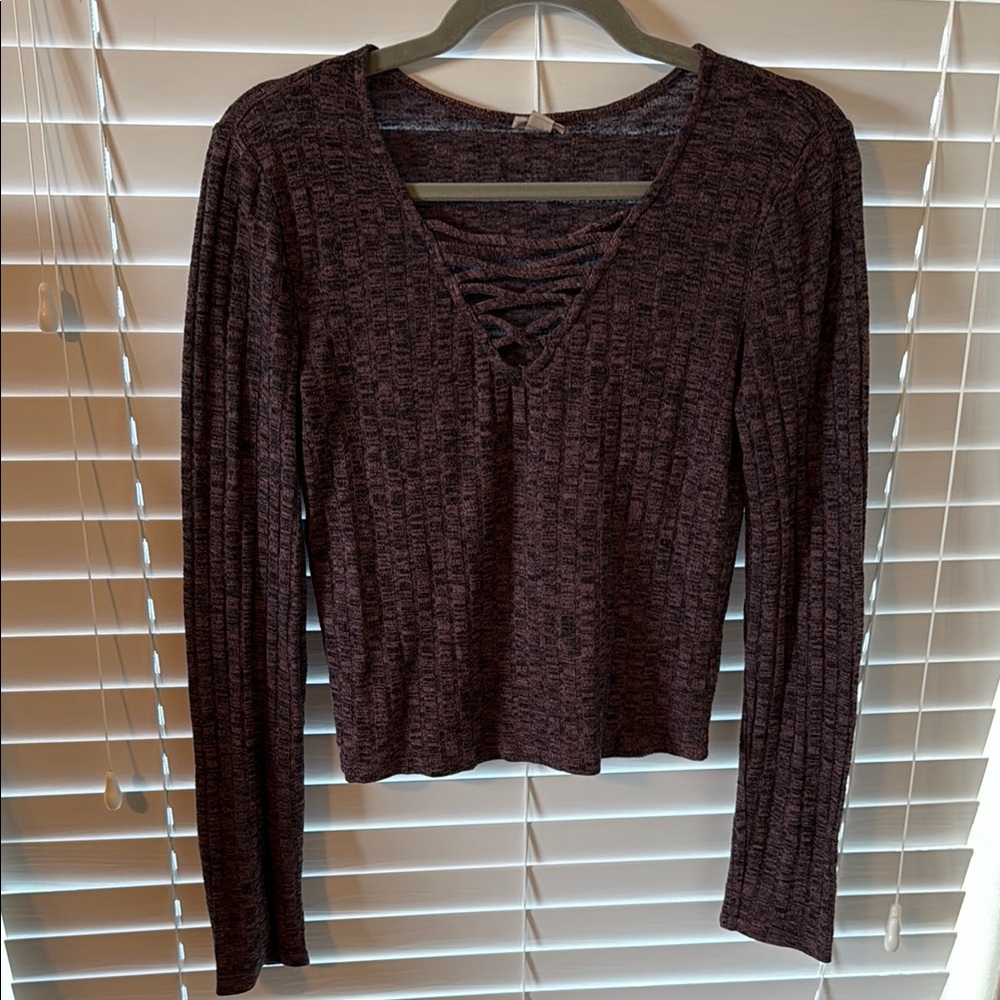 Women's Ribbed Heathered V Neck Lightweight Long Sleeve Top